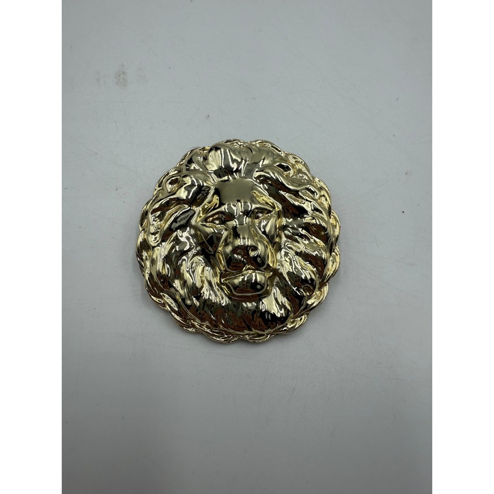 Vintage Gold Tone Lion Head Brooch Statement Pin Round Animal Jewelry 2 Inch